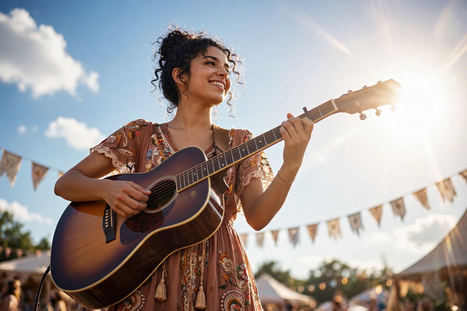 Nele Wolff spielt Gitarre unter Wimpelketten in der Abendsonne.
