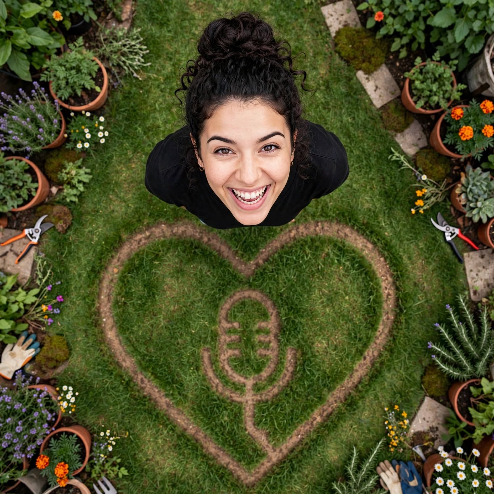 Nele Wolff steht von oben fotografiert in einem Garten; in den Rasen vor ihr ist ein Herz mit einem Mikrofon gemäht.