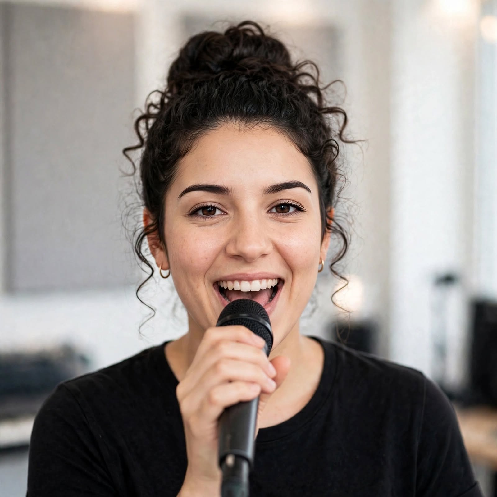 Nele Wolff singt im Studio in ein Handmikrofon.